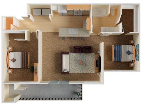 Floor plan for 2 beds, 1 bath, 889 sqft